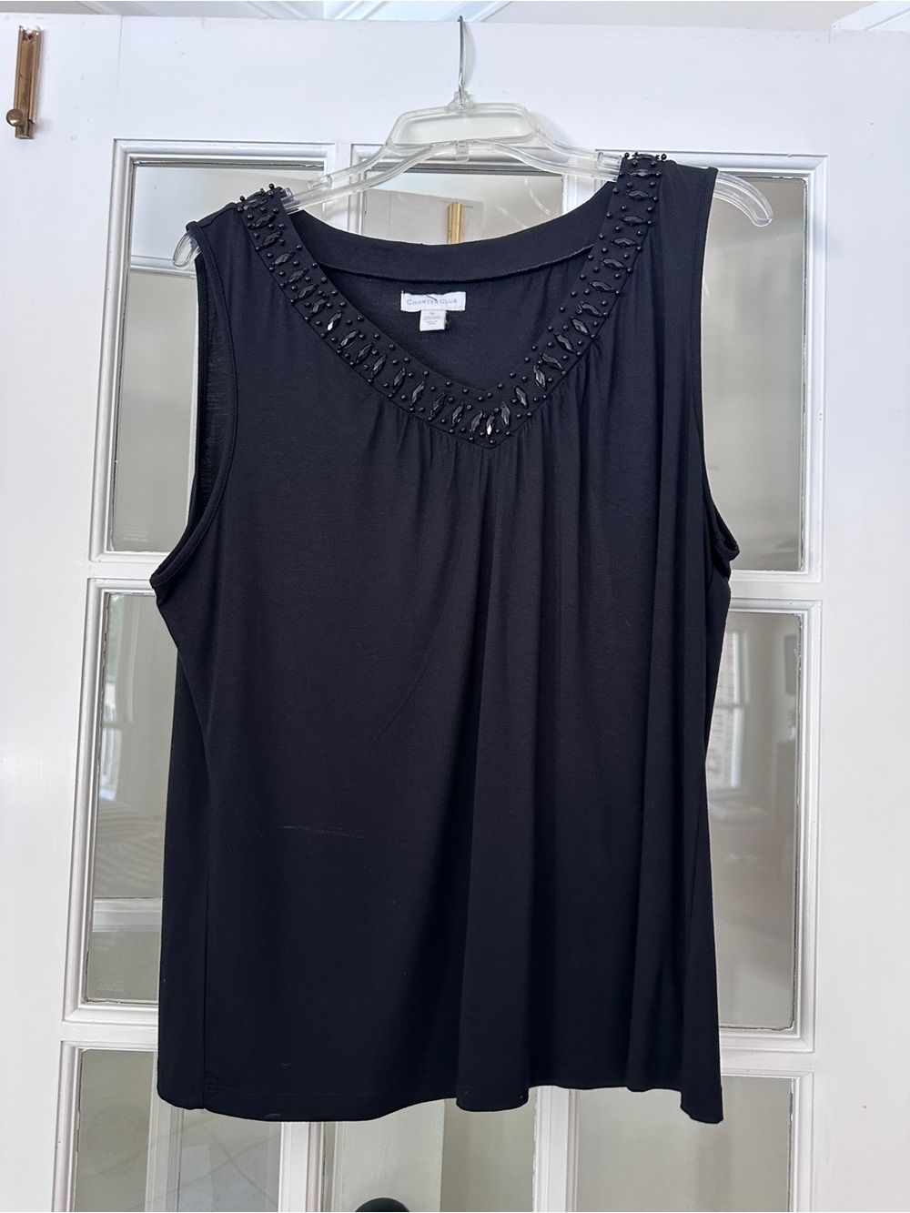 Charter Club Black Sleeveless Tank with Beaded V-Neck